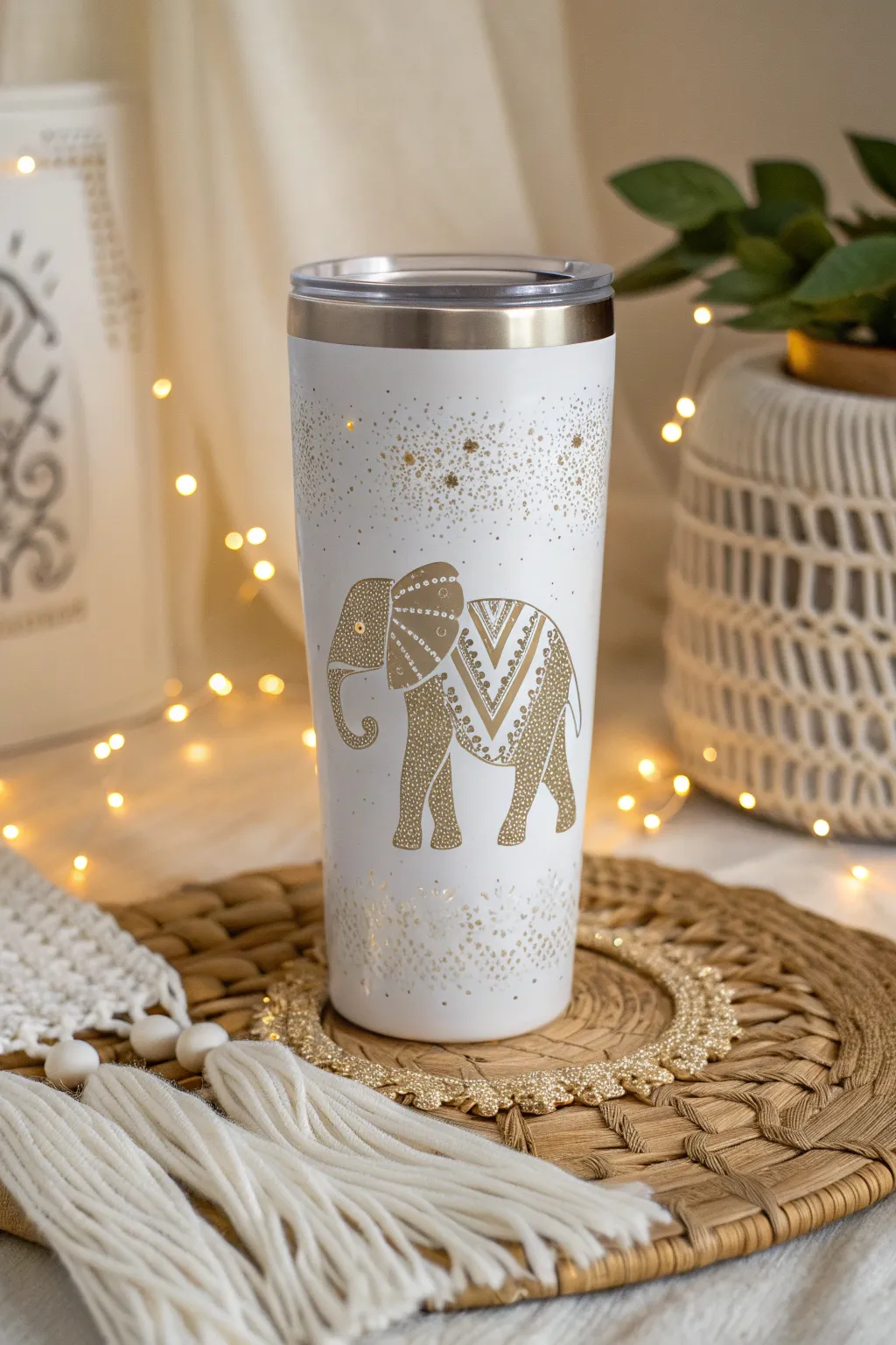 Sip in style with this glittery elephant tumbler that dazzles in Scandinavian simplicity and boho elegance.