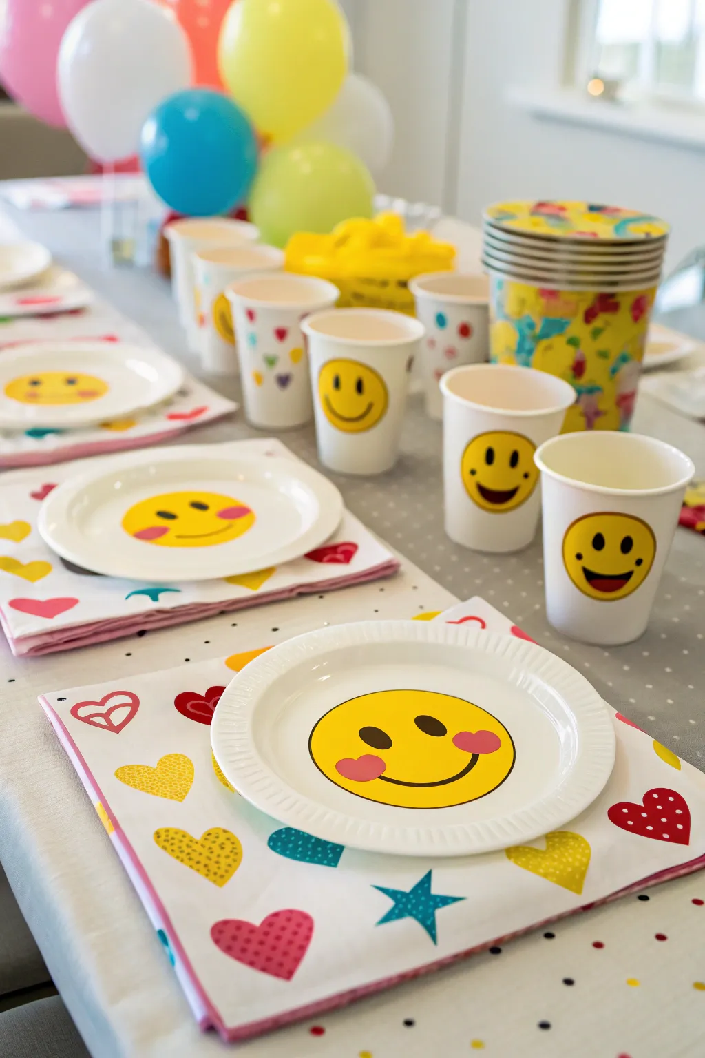 A cheerful table setting with emoji-themed dinnerware.