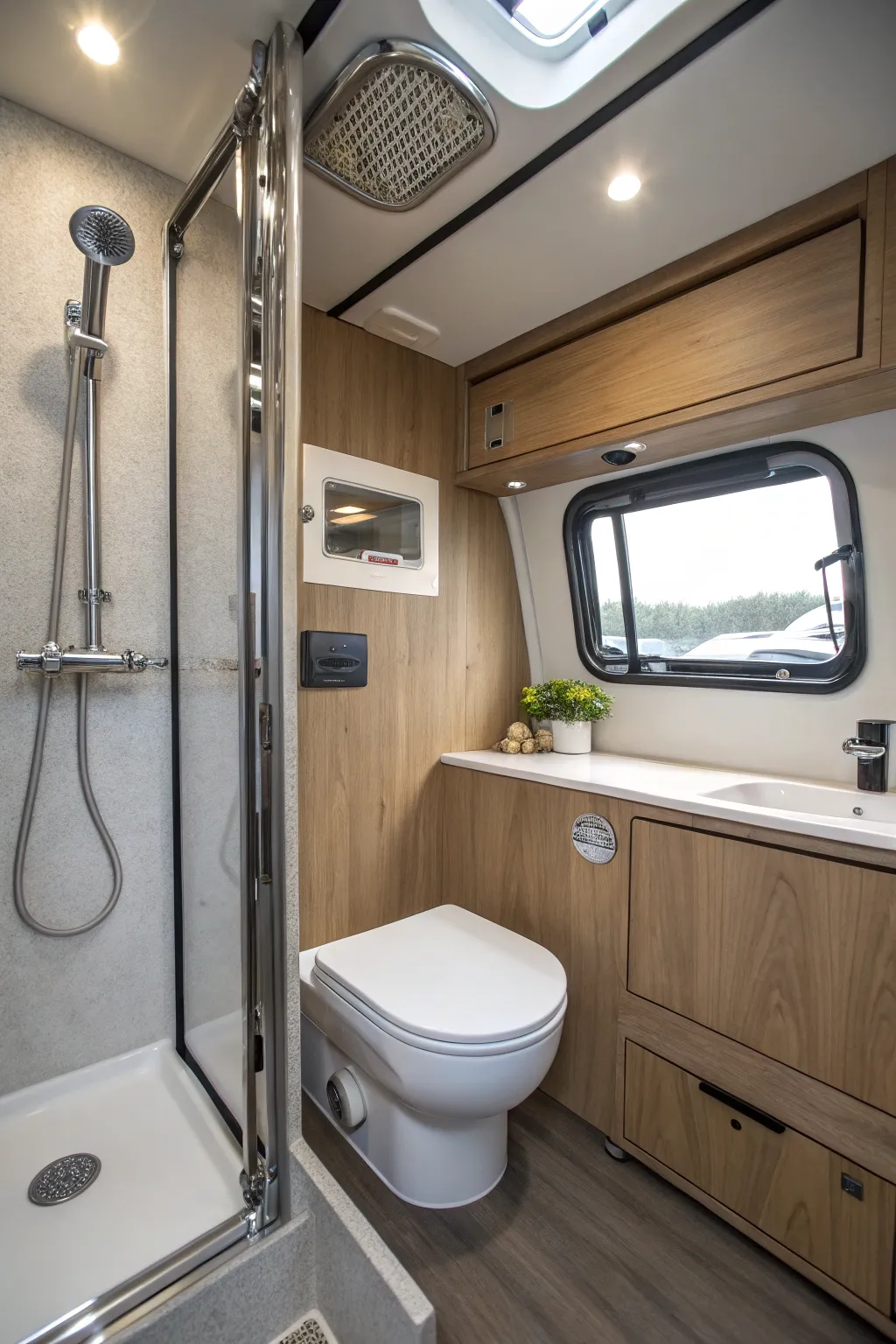 Experience the art of efficient design with this sleek trailer wet bath, where every detail speaks of craftsmanship.
