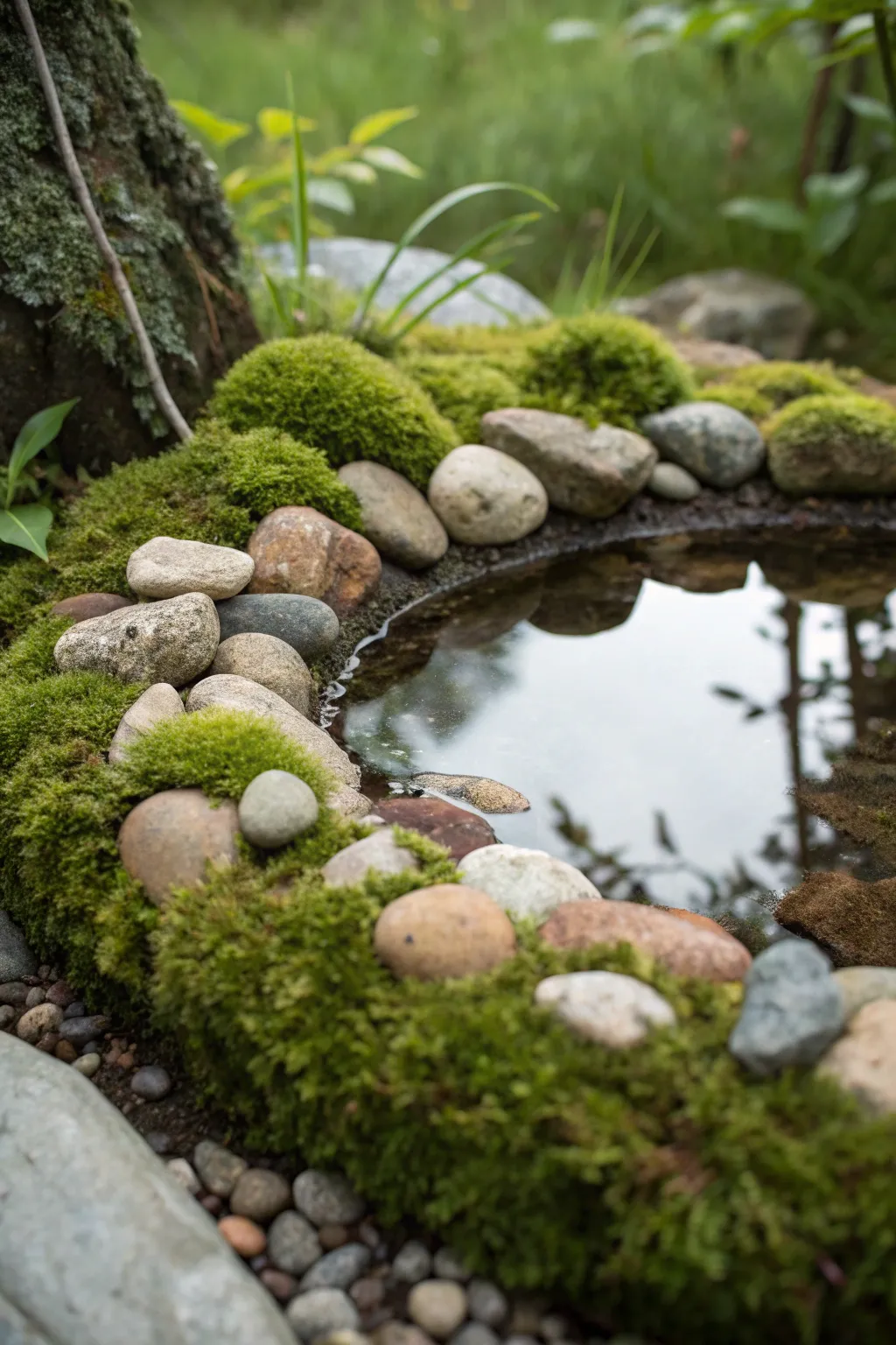 Create a dreamy escape with pebble-lined edges for your fairy garden pond, capturing the essence of simplicity and natural beauty.