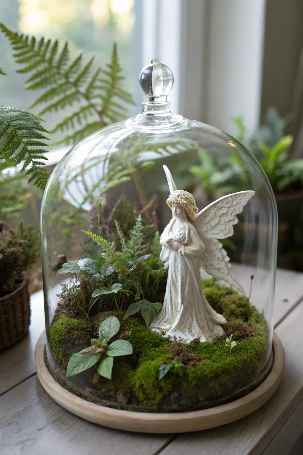 Discover the magic of a fairy's secret garden with this enchanting terrarium centerpiece.