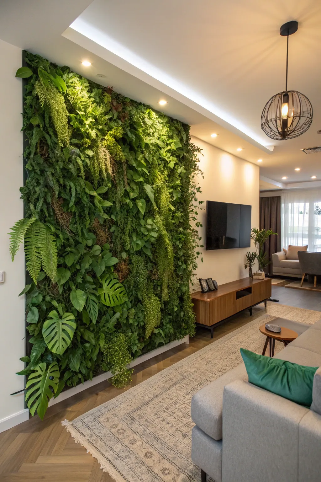Artificial vertical gardens add a lush touch without the upkeep.