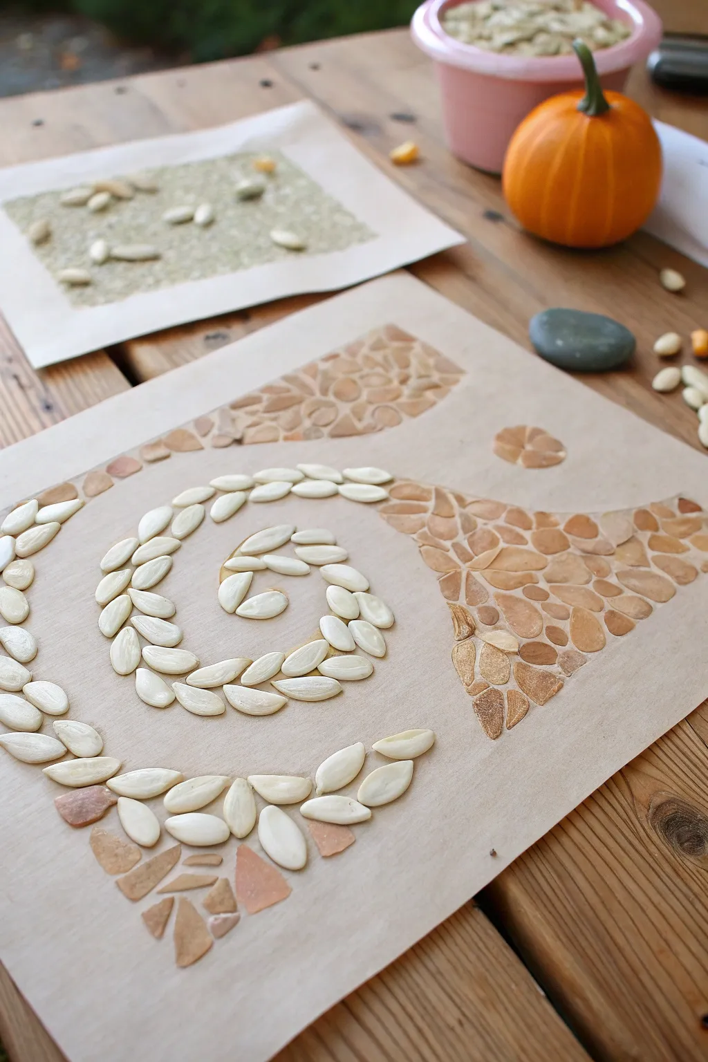 Embrace autumn's charm with these delightful pumpkin seed mosaics—an easy, tactile craft for little hands!