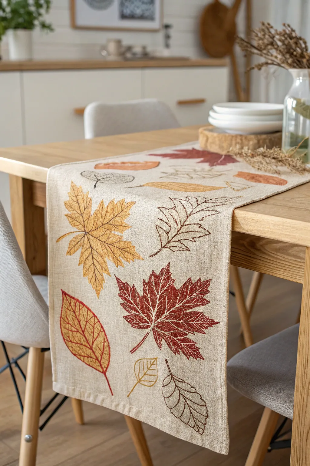 Add a touch of rustic elegance to your fall table with a handcrafted leaf-stamped table runner. 🍂✨