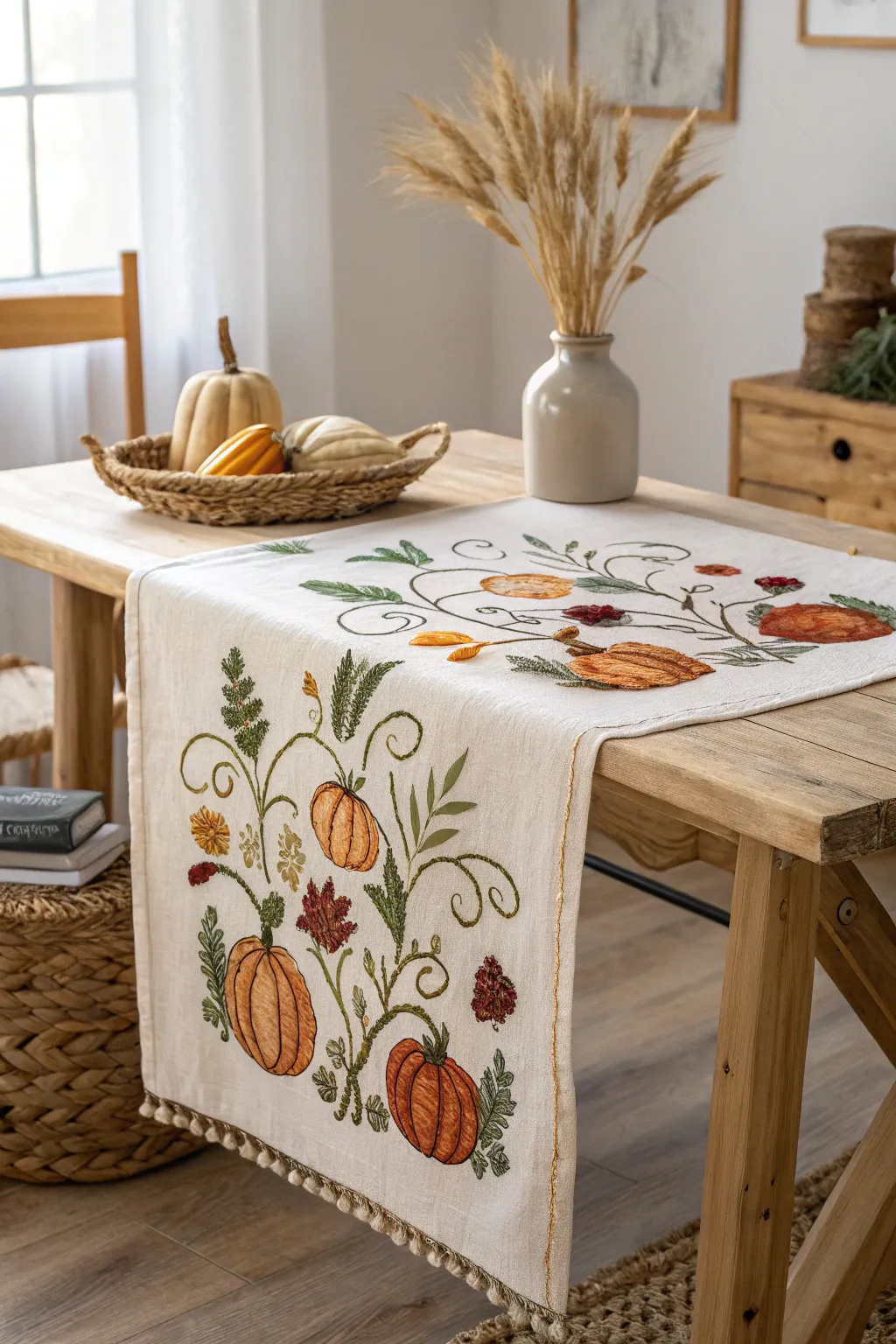 Embrace cozy fall vibes with exquisite pumpkin embroidery, perfect for a minimalist autumn touch.