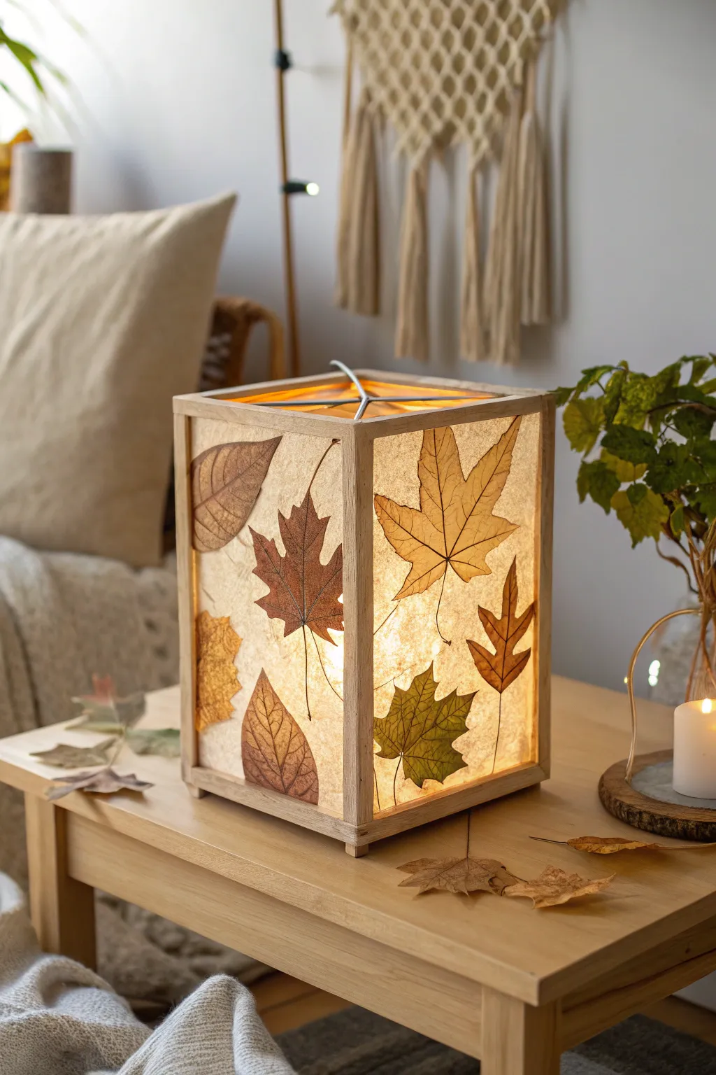 Embrace the magic of fall with a handcrafted leaf lantern, perfect for adding warmth to any minimalist space.