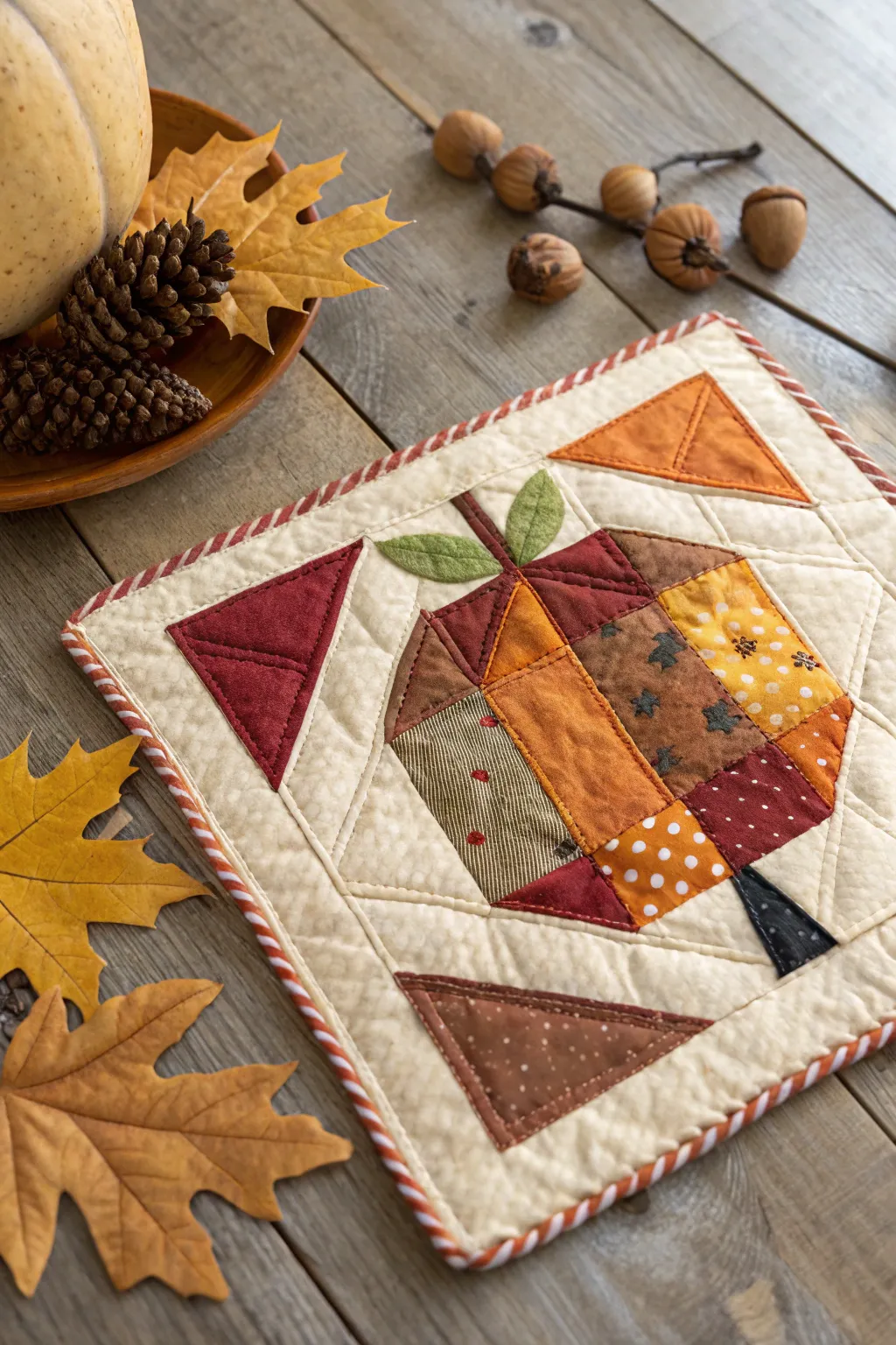 Embrace the harvest spirit with a cozy patchwork pumpkin quilt block, perfect for adding autumn charm to your decor.