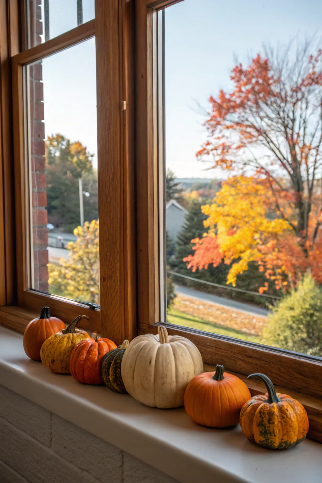 A rustic display of mini pumpkins on a windowsill.