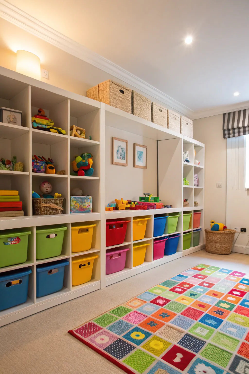 Shelves and colorful storage bins keep the playroom tidy and organized.