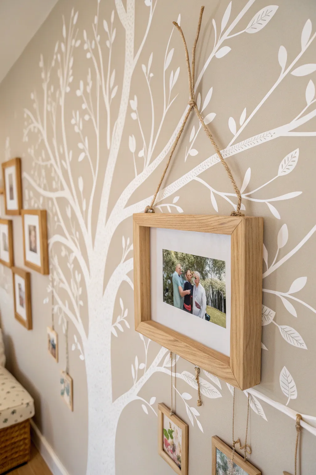 Cherish your roots with a minimalist family tree adorned with photo-filled frames. #FamilyTreeArt #ScandiBohoCharm