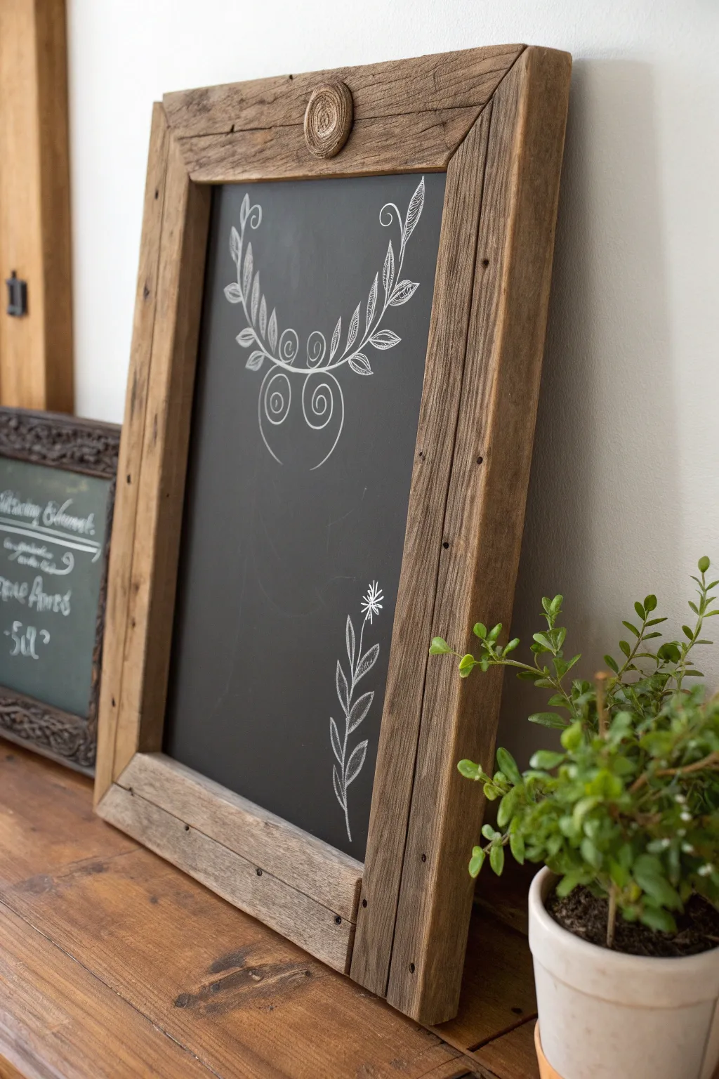 Transform your space with a rustic chalkboard framed in reclaimed wood for a charming farmhouse touch.