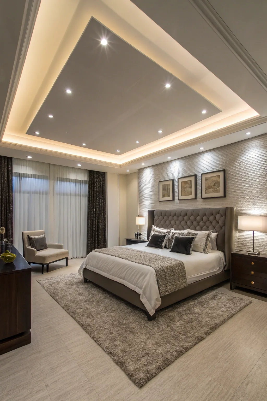Recessed lighting adds a cozy glow to your faux tray ceiling.