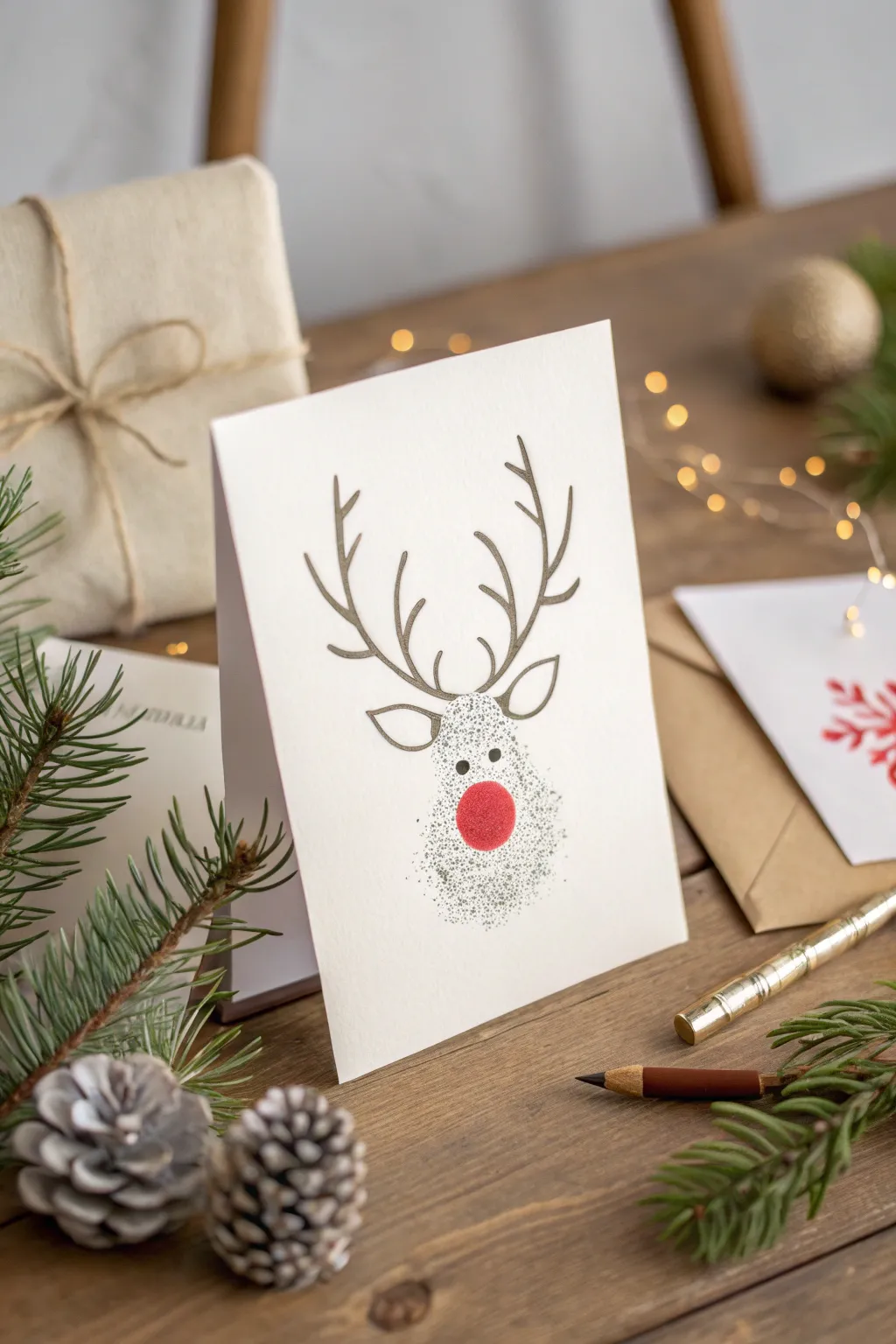 Craft your own Rudolph Christmas card with a personal touch – perfect for a cozy, minimalist holiday aesthetic.