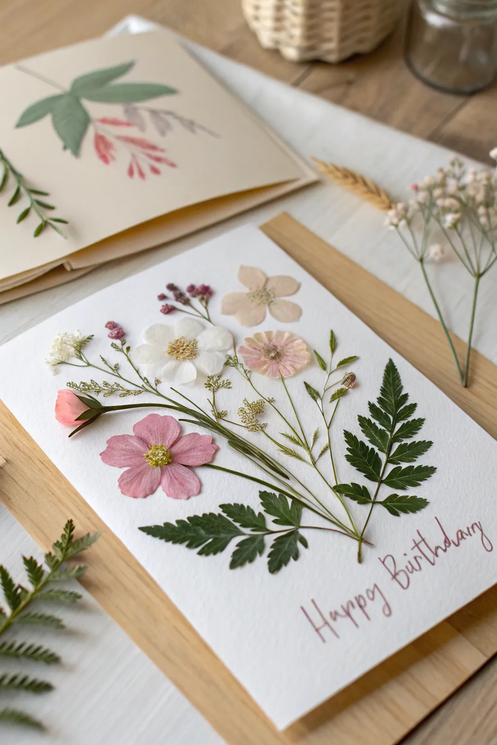 Celebrate with the timeless elegance of a pressed flower card. A touch of nature for a special birthday wish.