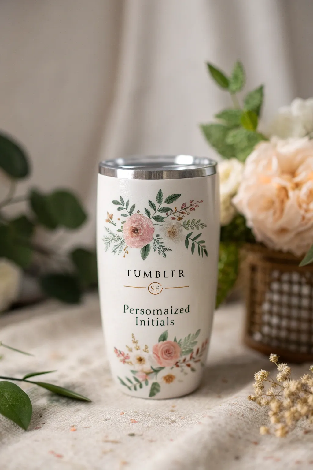 Embrace elegance with personalized floral initials on your tumbler—where simplicity meets bespoke artistry.