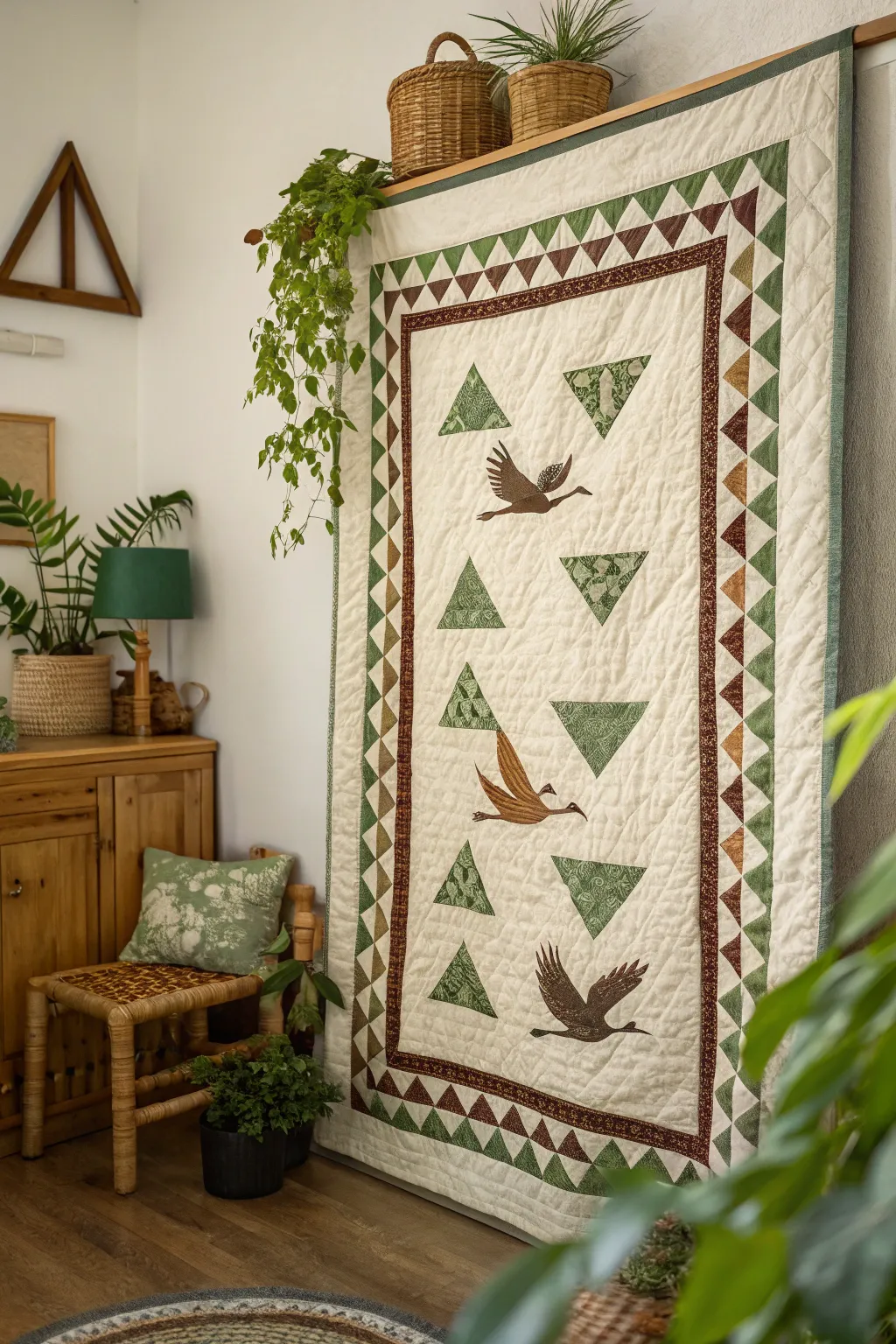 A quilt with nature-inspired flying geese borders, perfect for a tranquil setting.