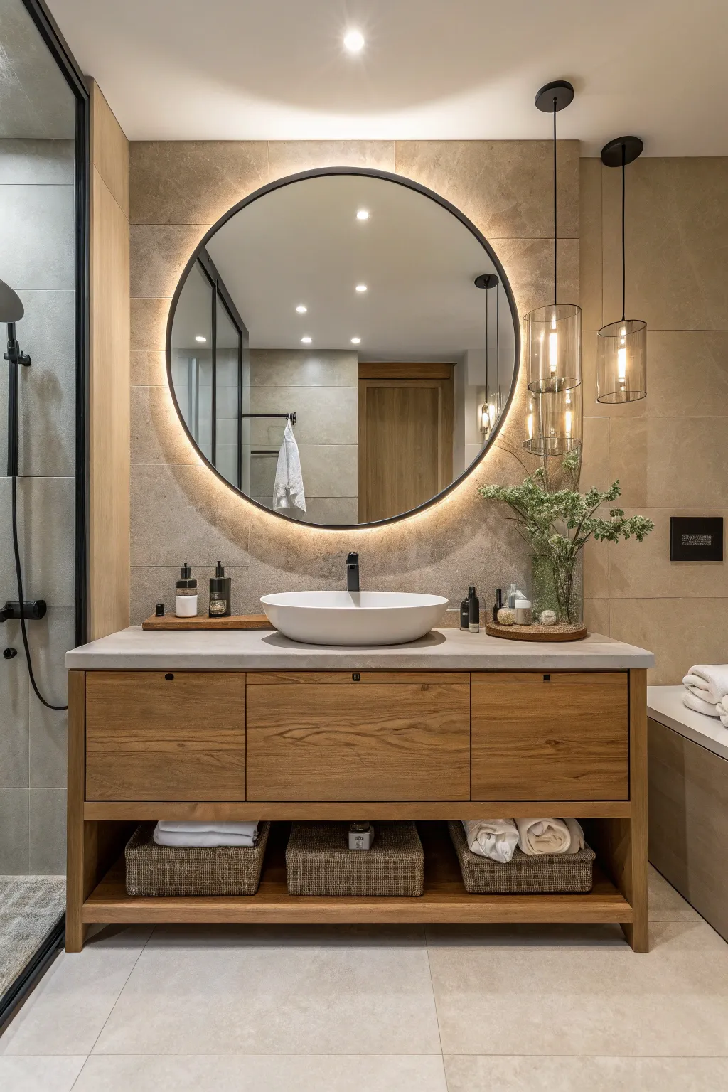 Round mirrors add a gentle, modern touch to any bathroom design.