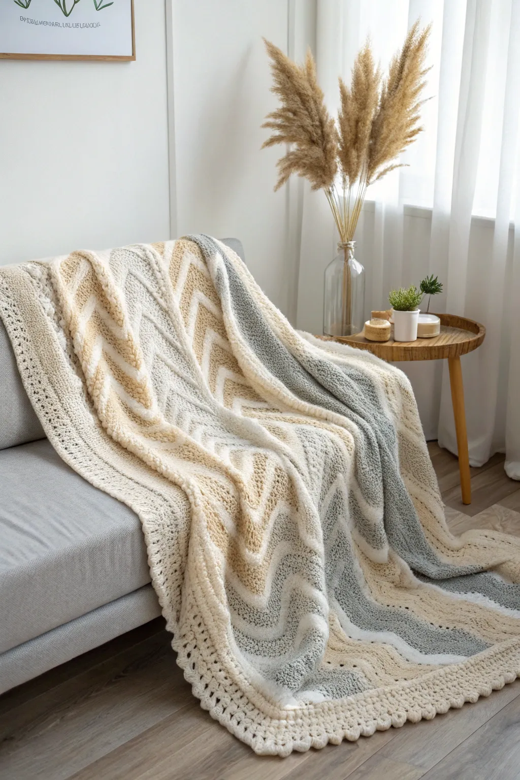 Embrace tranquility with the soothing waves of a ripple stitch crochet blanket. Perfect for cozy moments.