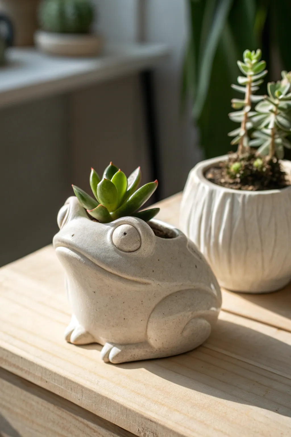 Add a whimsical touch to your space with this charming frog planter, perfect for your succulent collection.