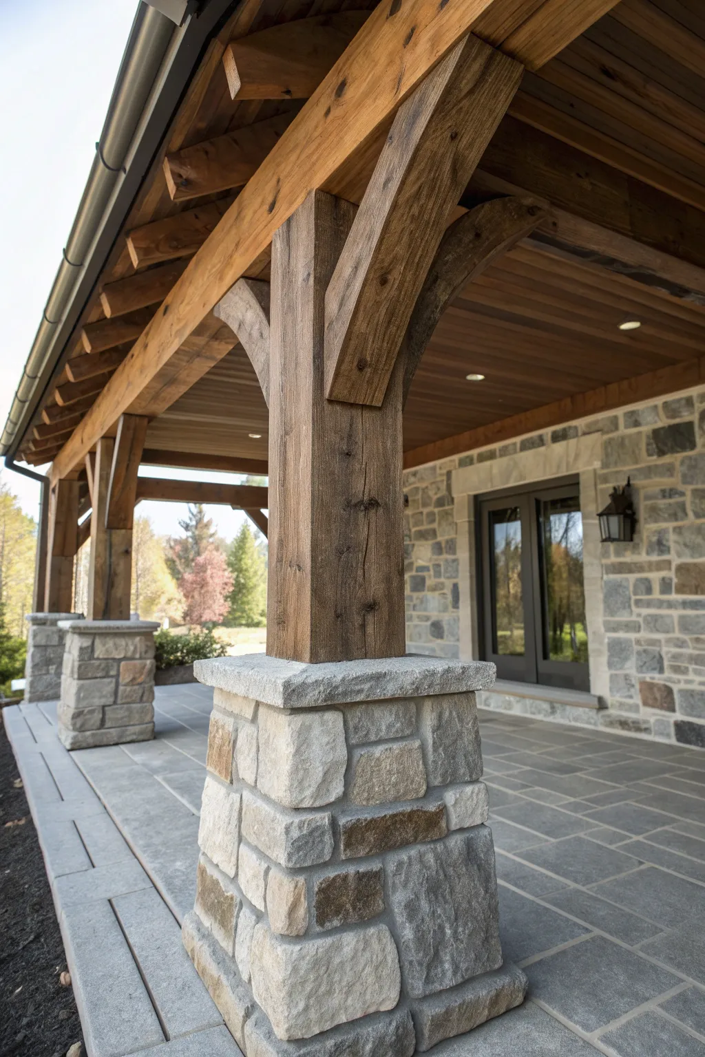 Elevate your porch with the timeless elegance of a stone and beam combo.