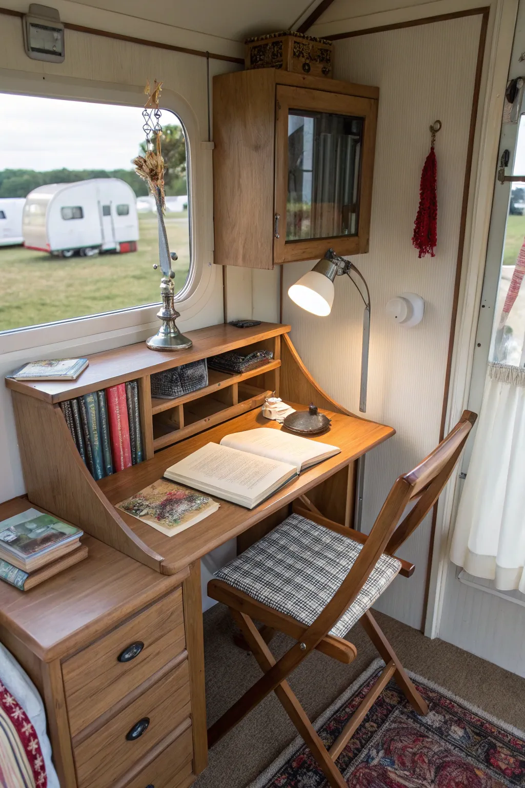 Compact workspace with a fold-down desk.