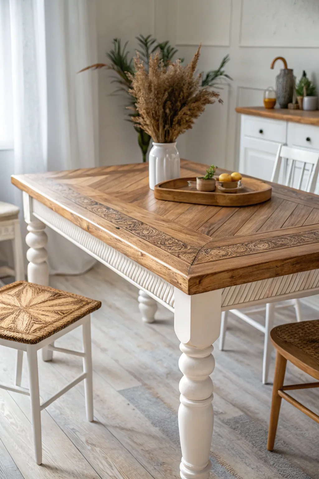 Elevate your space with this two-tone masterpiece: where natural wood meets crisp white elegance.