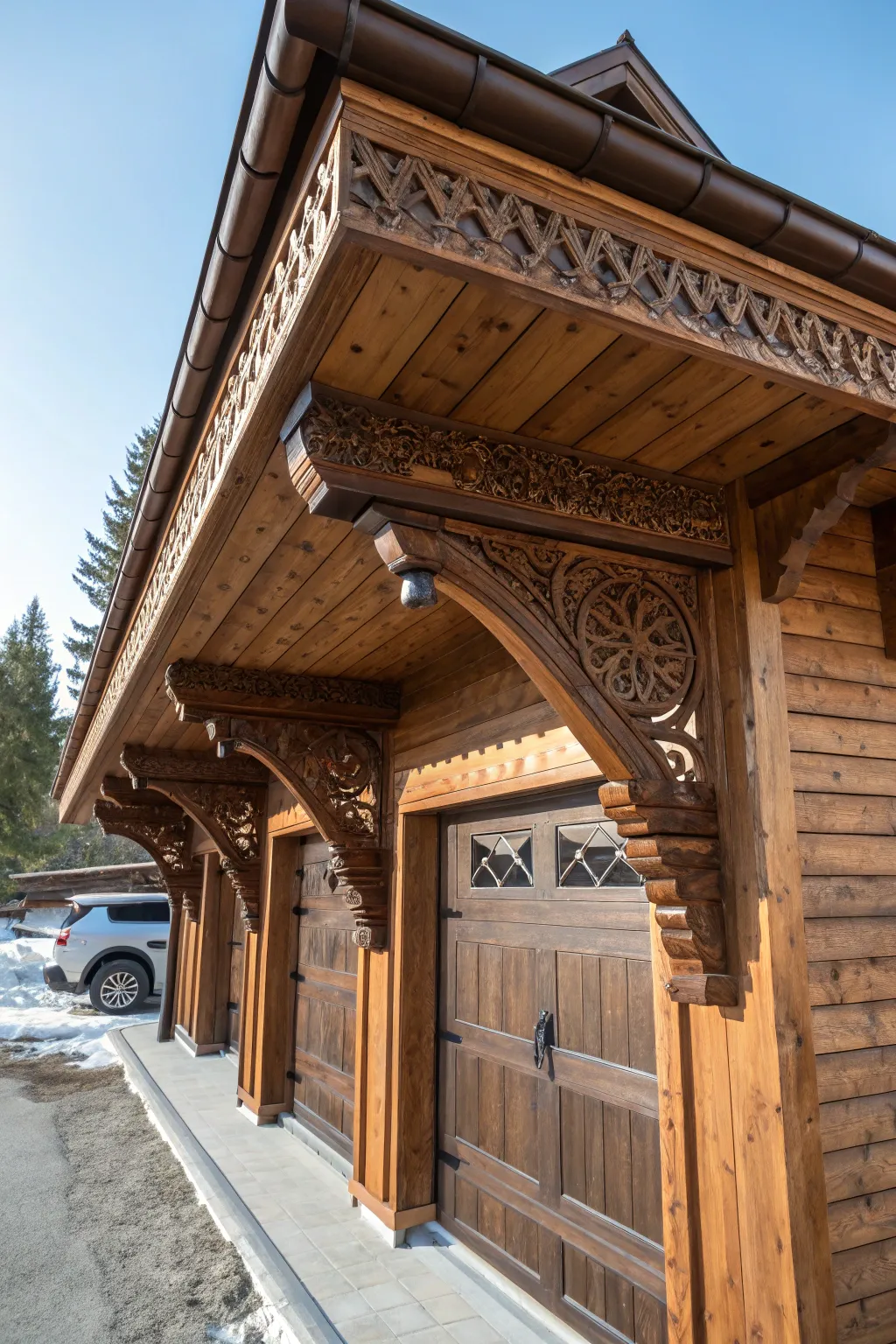 Elevate your garage's charm with the rustic elegance of a handcrafted wooden overhang.