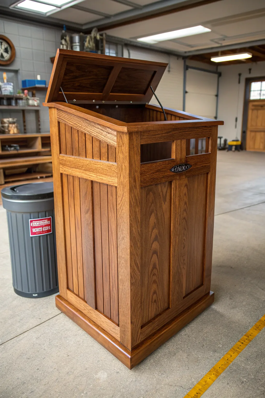 Elevate your garage with a handcrafted wooden trash can enclosure, where functionality meets style.