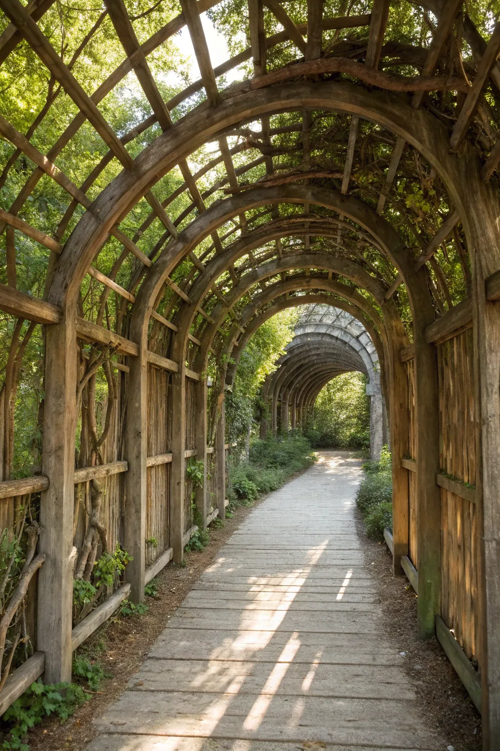 Step into serenity with a rustic wooden garden tunnel, where nature meets craftsmanship.