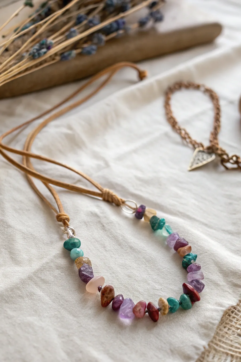 Embrace boho chic elegance with colorful gemstone chips on a leather cord, adding nature's beauty to your style.