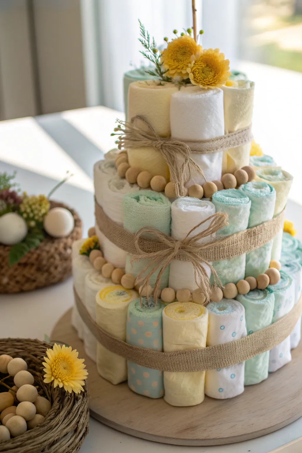 Embrace the charm of pastel hues with this gender-neutral diaper cake, where simplicity meets natural beauty.
