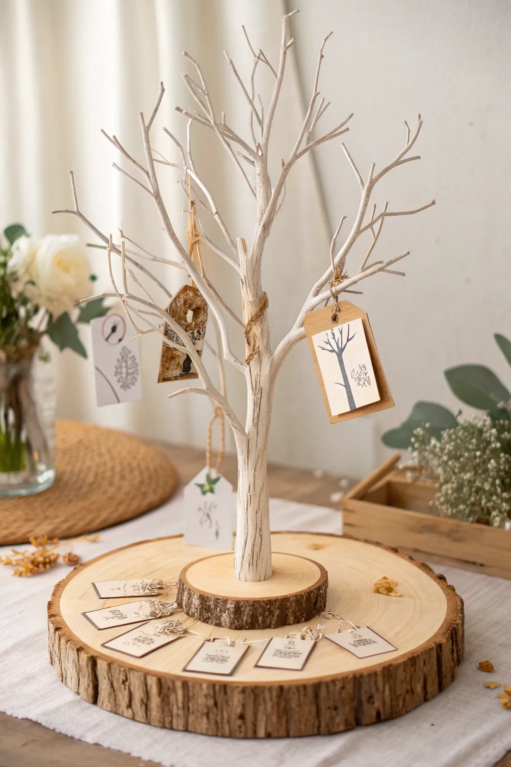 Bring rustic charm indoors with a beautifully minimalist gift card tree on a wooden base.