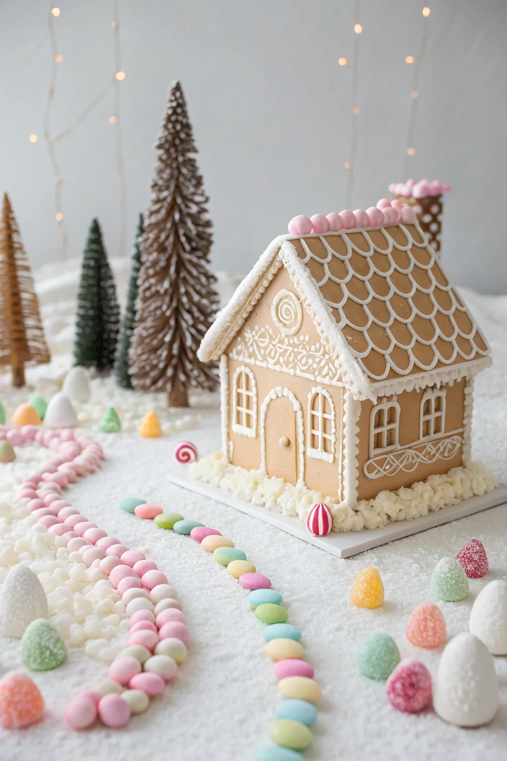 Step into a Candy Wonderland: A minimalist gingerbread house with a whimsical candy landscape awaits.