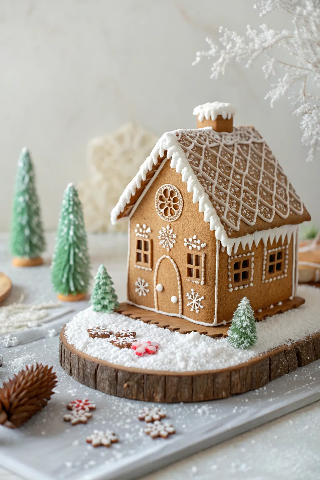 Step into a minimalist winter wonderland with this charming gingerbread house, where simplicity meets holiday magic.