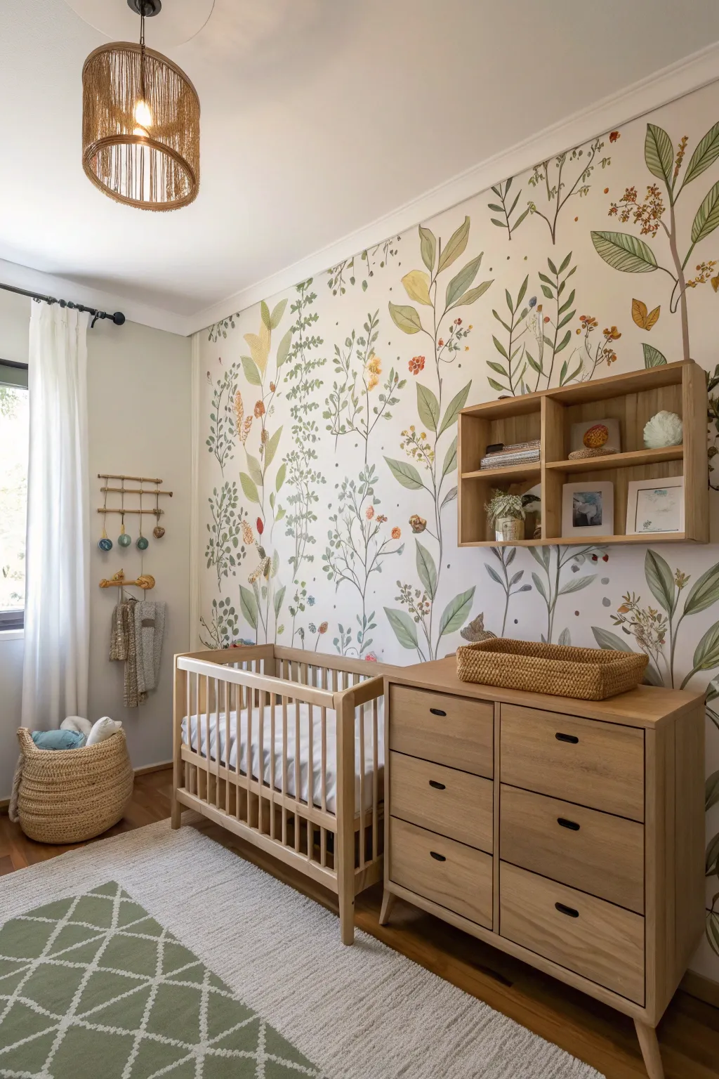Nature-themed nursery with leafy wallpaper and natural materials.