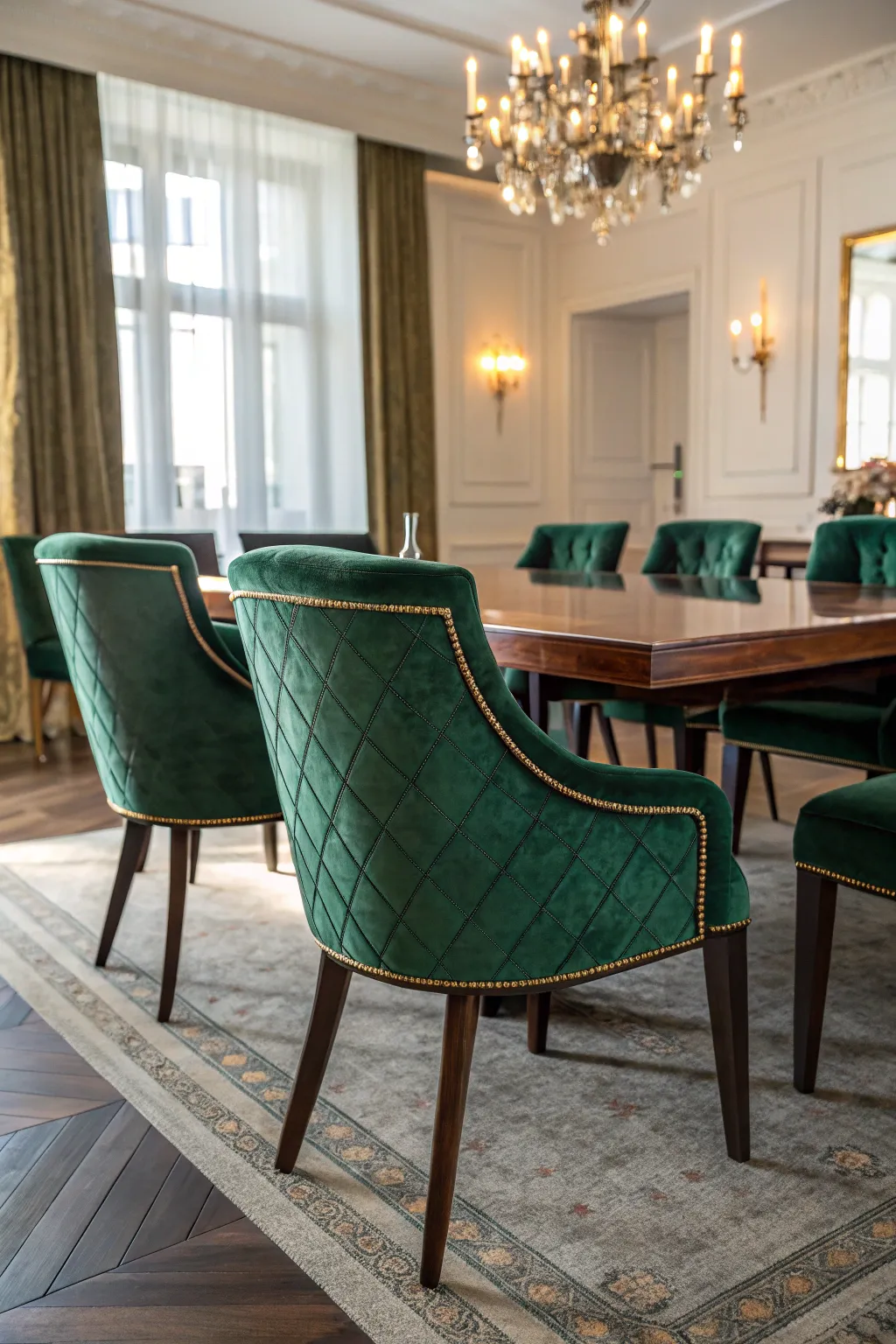 Velvet chairs in a rich emerald green add a touch of luxury.