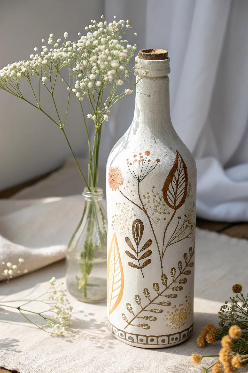 Transform a simple glass bottle into a stunning painted vase, adding a touch of color and elegance to your home decor.