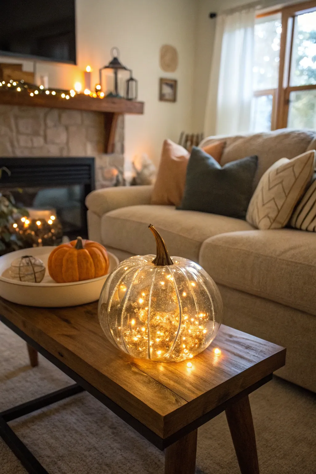 String lights transform a glass pumpkin into a magical decor piece.
