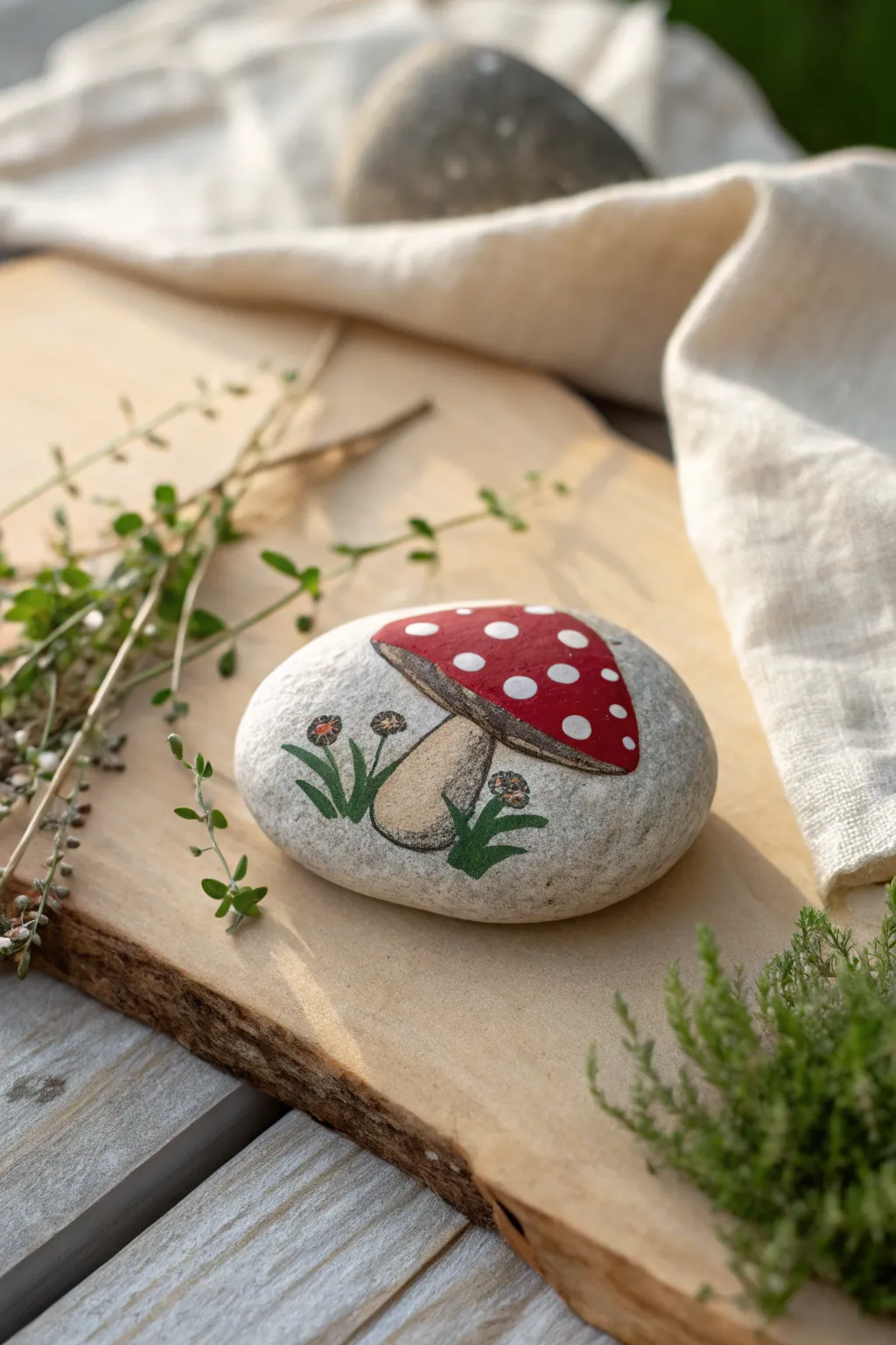 Embrace enchantment with this charming mushroom rock painting, a perfect blend of simplicity and whimsy.