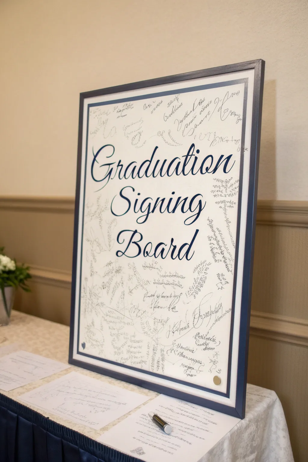 A chic personalized canvas ready for well-wishes.