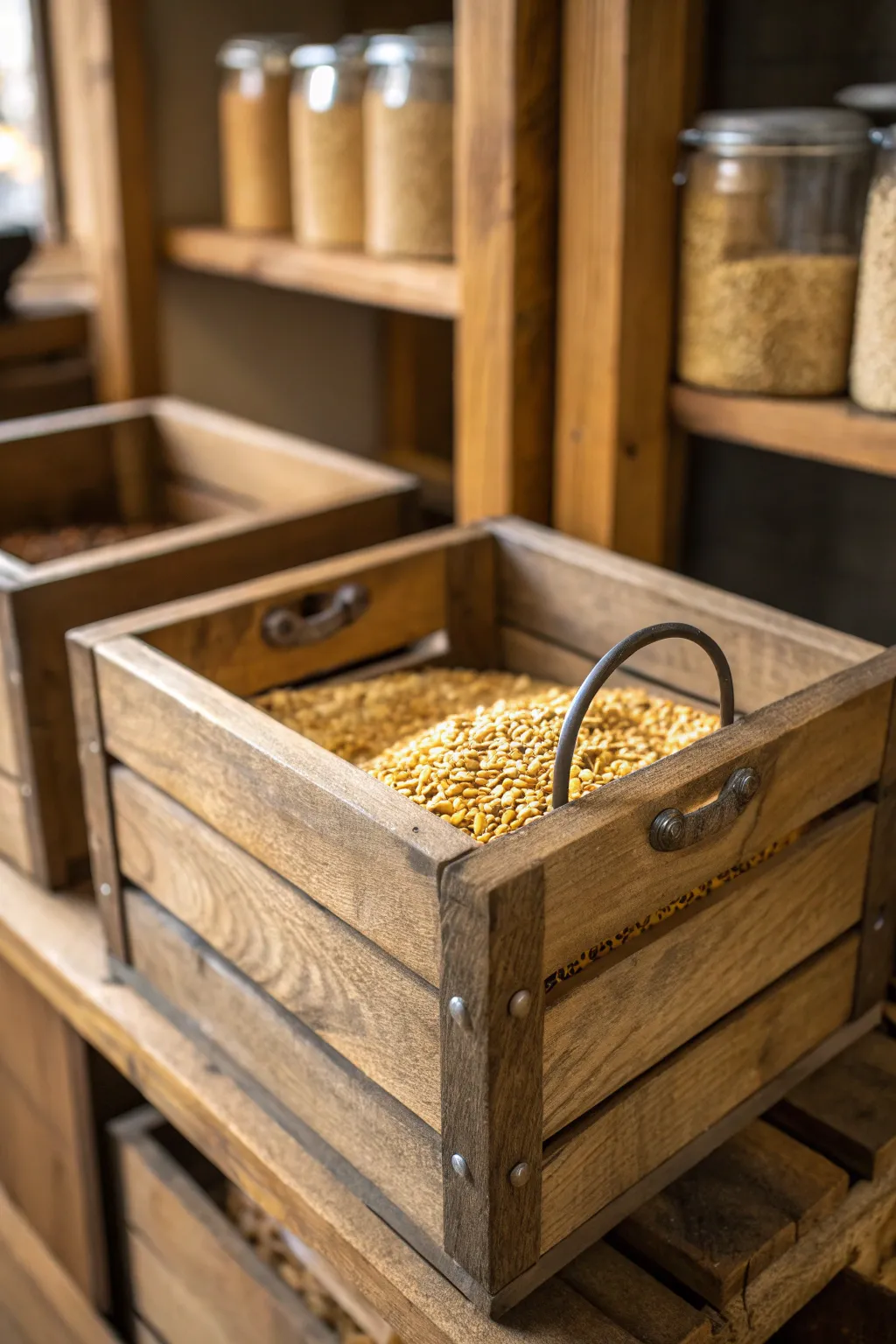 Elevate your utility room with crafted wooden bins for stylish grain storage.