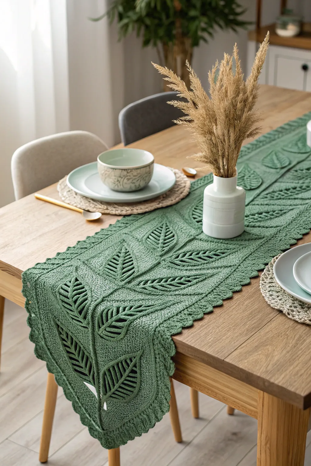 Bring nature to your table with a handcrafted leafy crochet runner—where elegance meets simplicity.