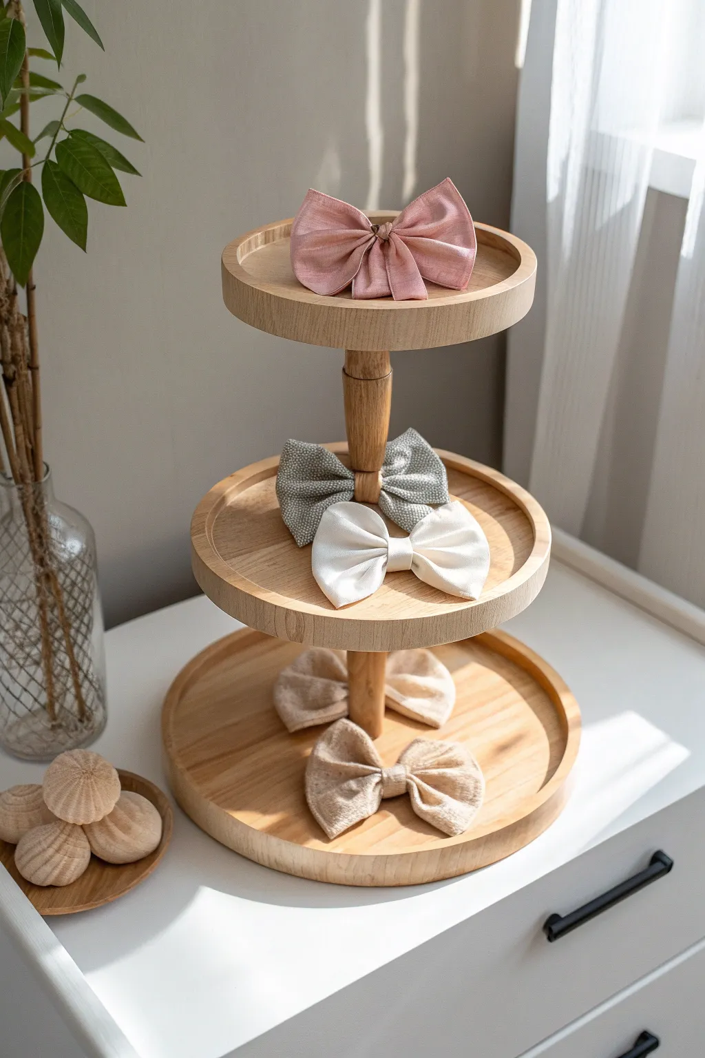 Transform your hair bow collection into a piece of art with a Scandinavian-inspired tiered stand. Discover beauty in simplicity.