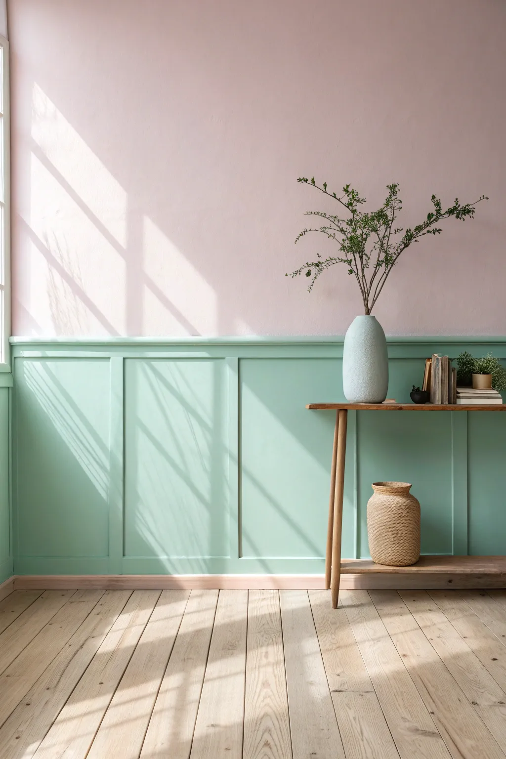Transform your space with the calming allure of pastel half walls. Discover the beauty of mint and blush for a serene atmosphere.