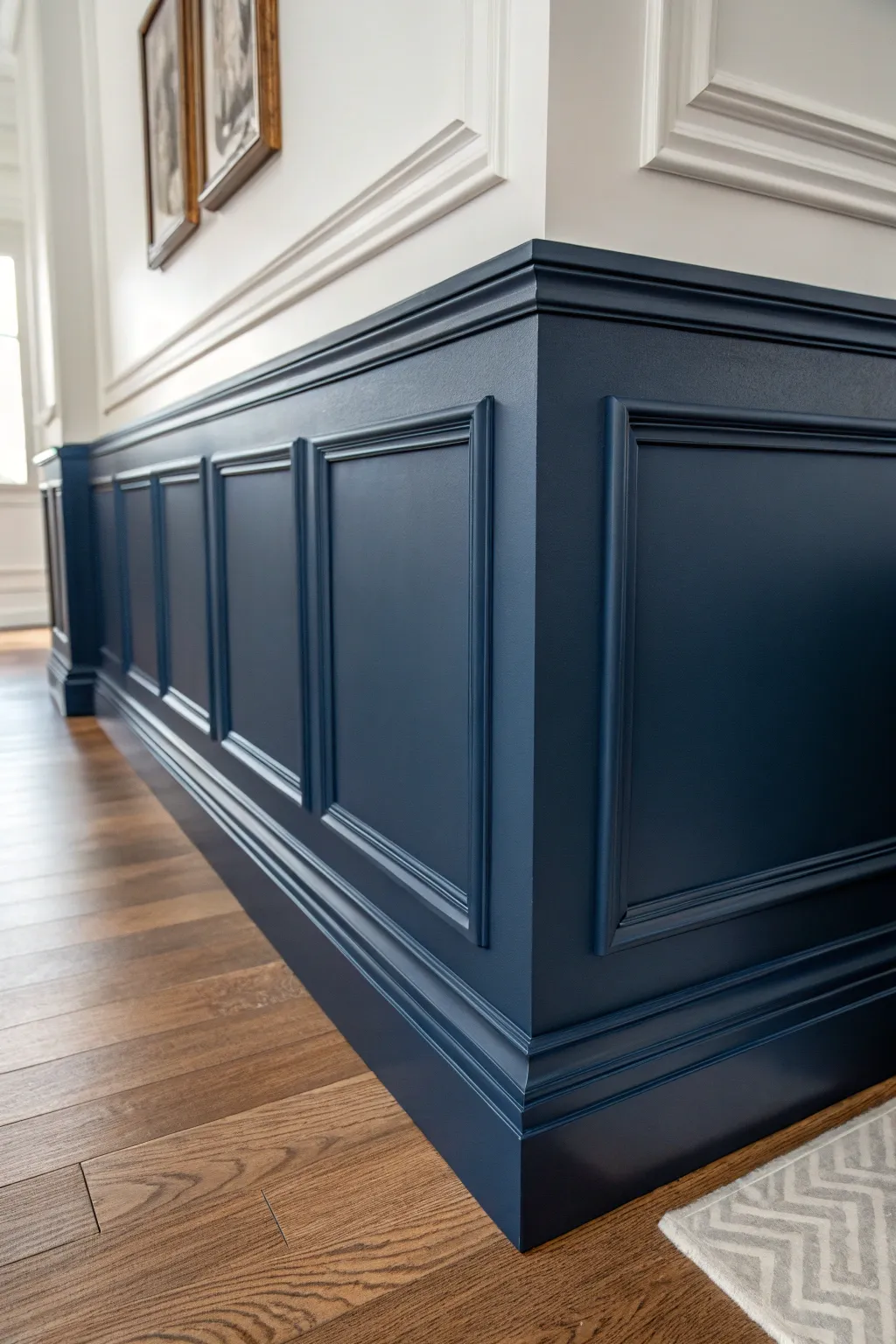 Elevate your space with bold trim contrasts: Navy blue meets crisp white for a striking effect.