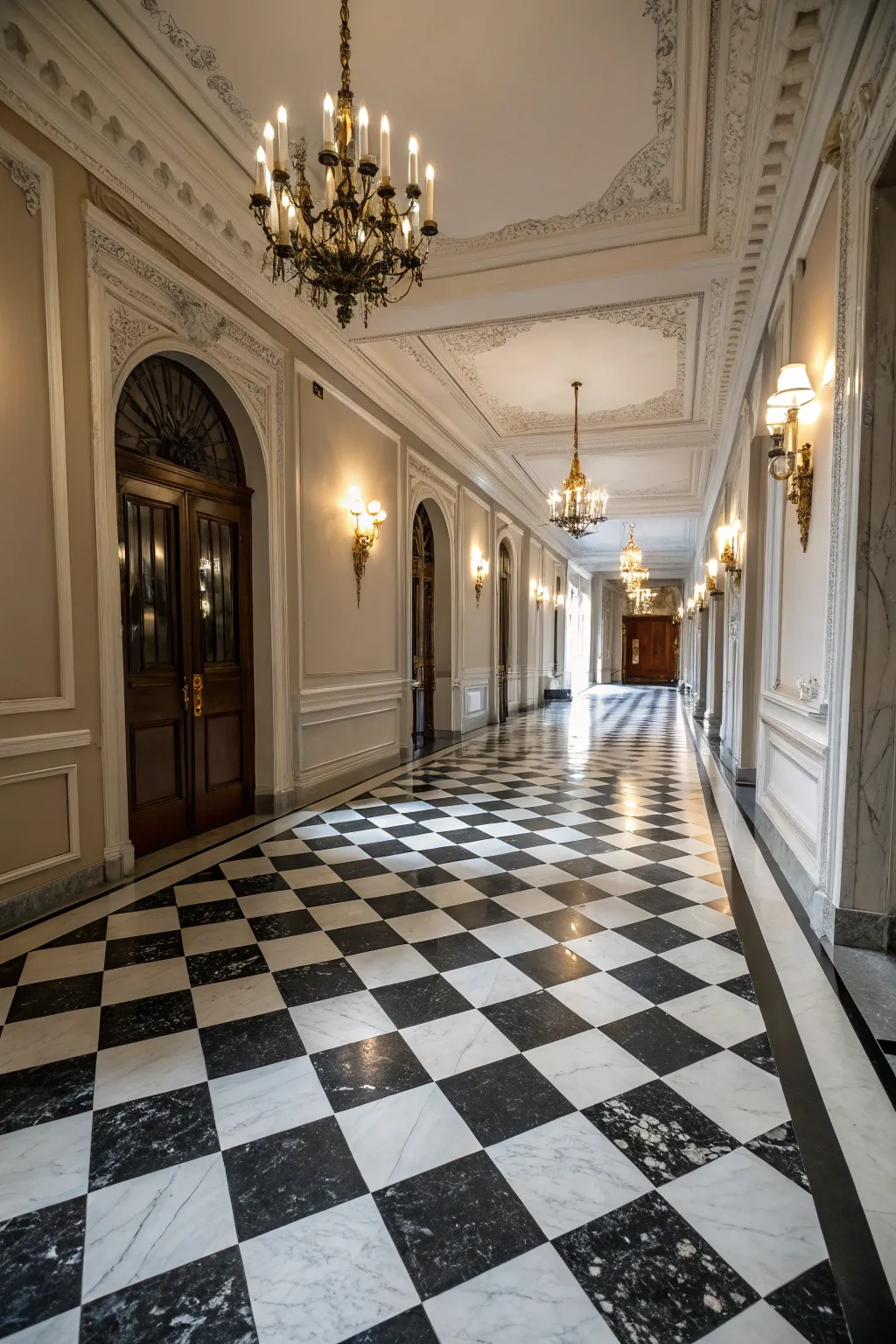 Checkerboard tiles offer a timeless elegance.