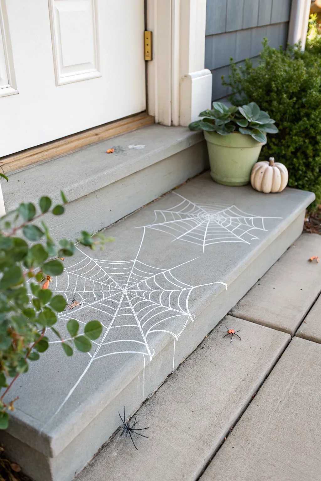 Elevate your Halloween decor with minimalist spiderweb chalk art—simple yet hauntingly beautiful!