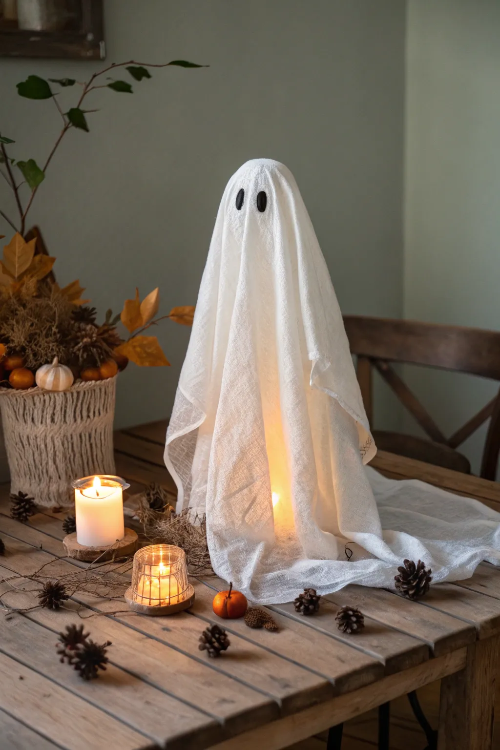 Ethereal Elegance: Illuminate your Halloween with a glowing cheesecloth ghost, perfect for adding a touch of spooky sophistication to your decor.