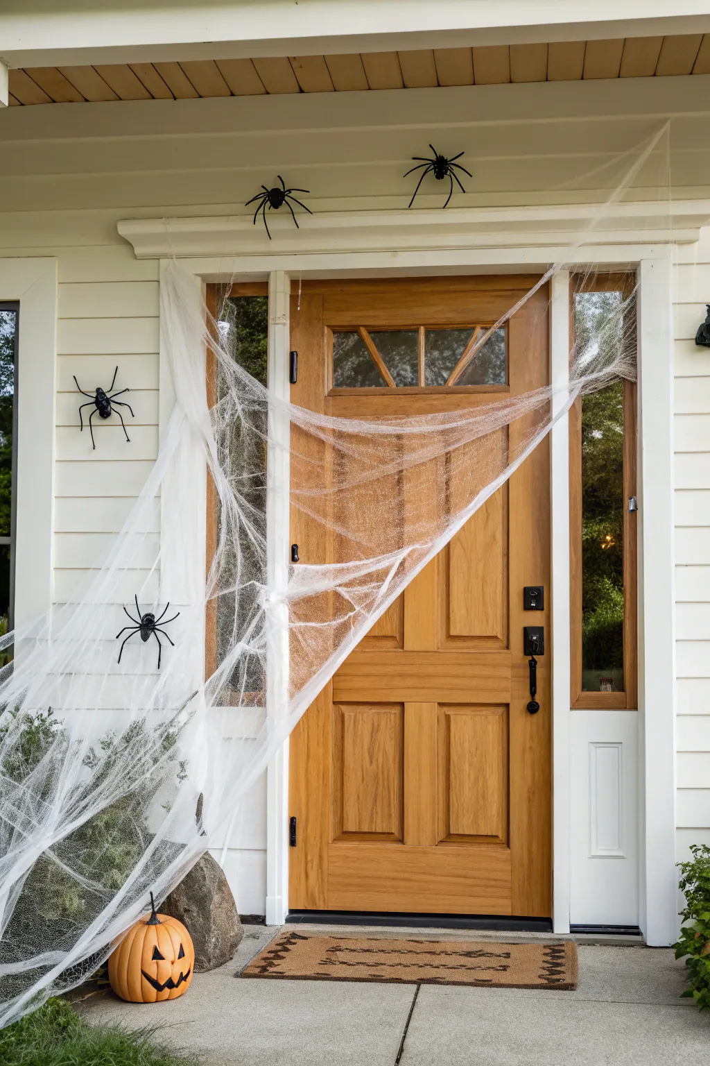 Transform your entrance into a minimalist masterpiece this Halloween with elegant spider webs and subtle spooky touches.