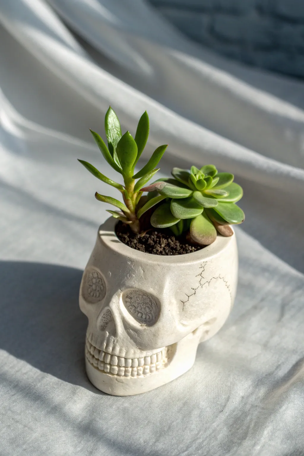 Elevate your Halloween decor with a touch of eerie elegance using skull succulent pots.